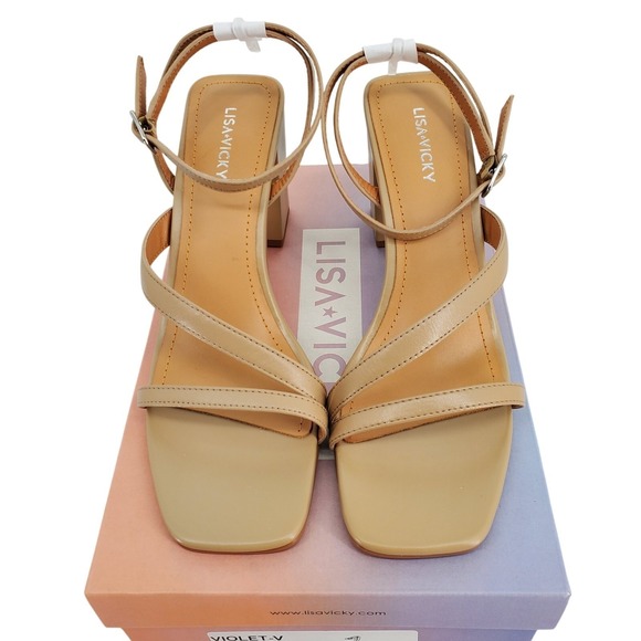 Lisa Vicky Shoes - Lisa Vicky Violet V Tan Strappy Block Heel Square Toe Sandals Womens 9M New